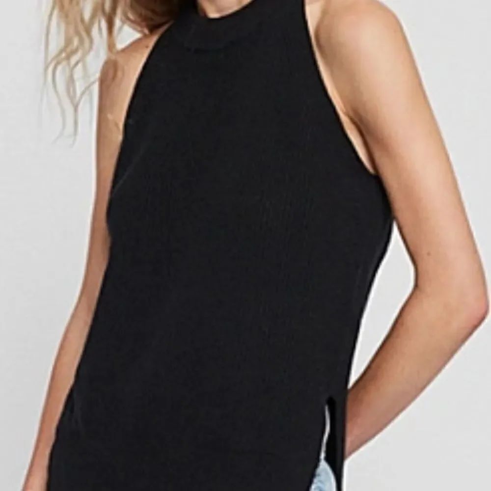 Allsaints Hailiki S high neck ribbed cotton knit top black sleeveless mock neck